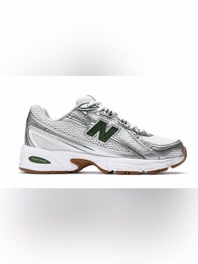 New Balance White Mesh Sneakers with Green Logo and Gum Outsole-740